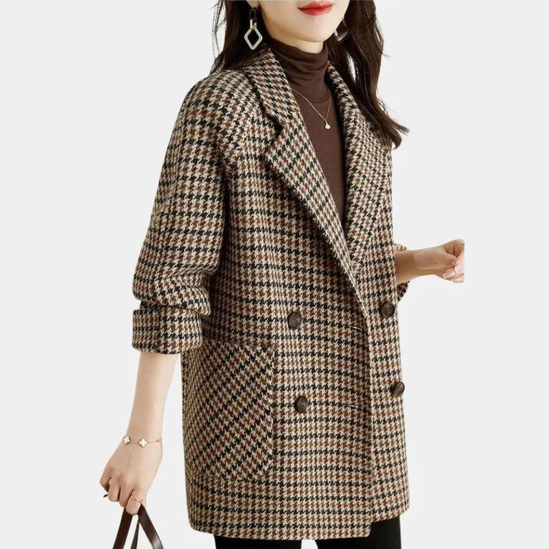 Classic Double Breasted Tailored Checkered Coat for Women - Image 3