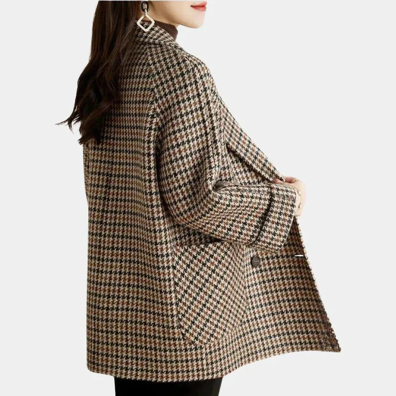 Classic Double Breasted Tailored Checkered Coat for Women - Image 5