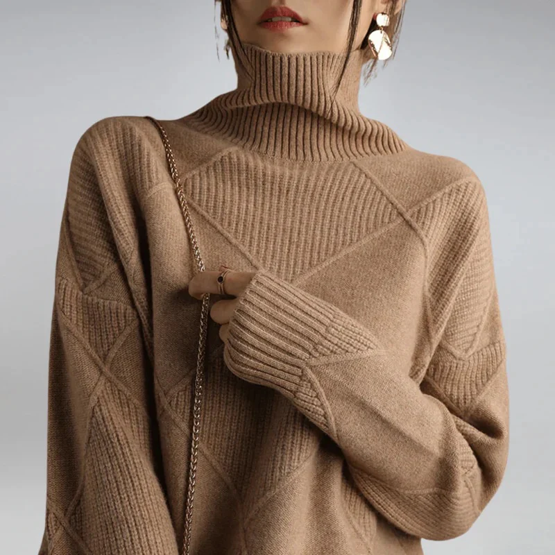 Diamond Cable Mock Neck Knit Sweater for Women - Image 3
