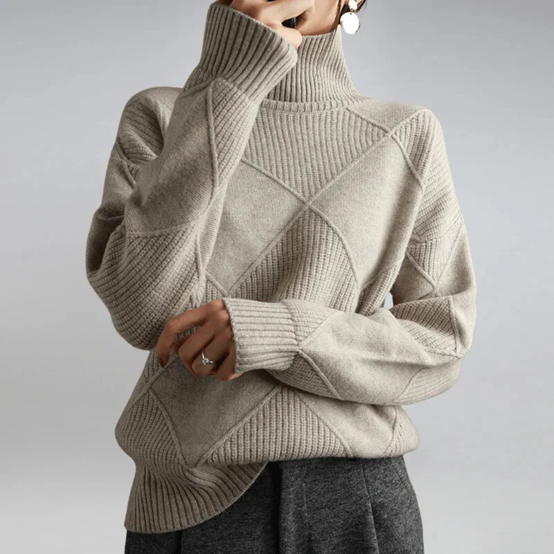 Diamond Cable Mock Neck Knit Sweater for Women - Image 5