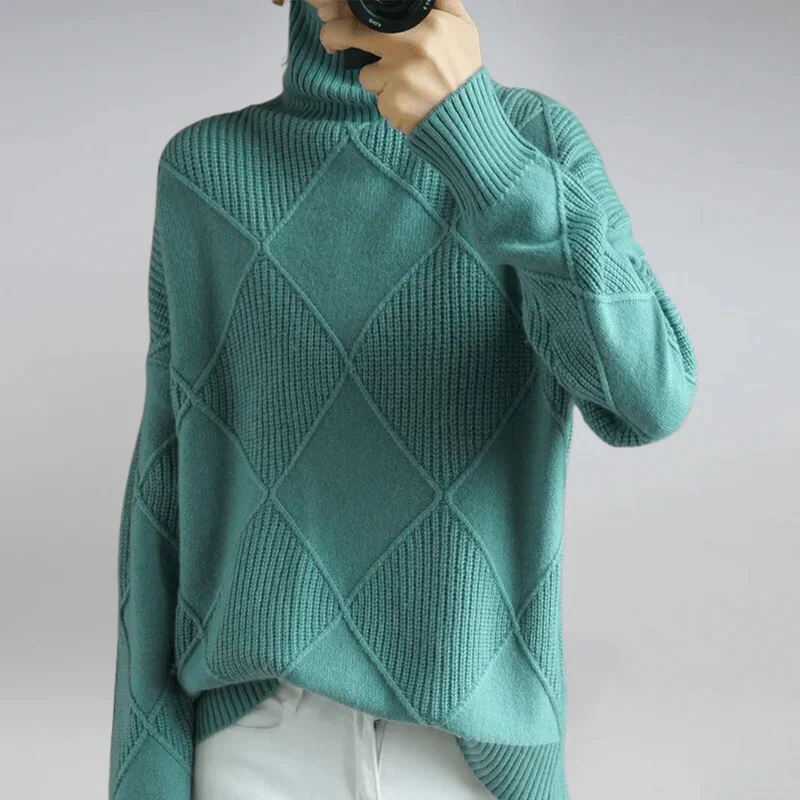 Diamond Cable Mock Neck Knit Sweater for Women - Image 8