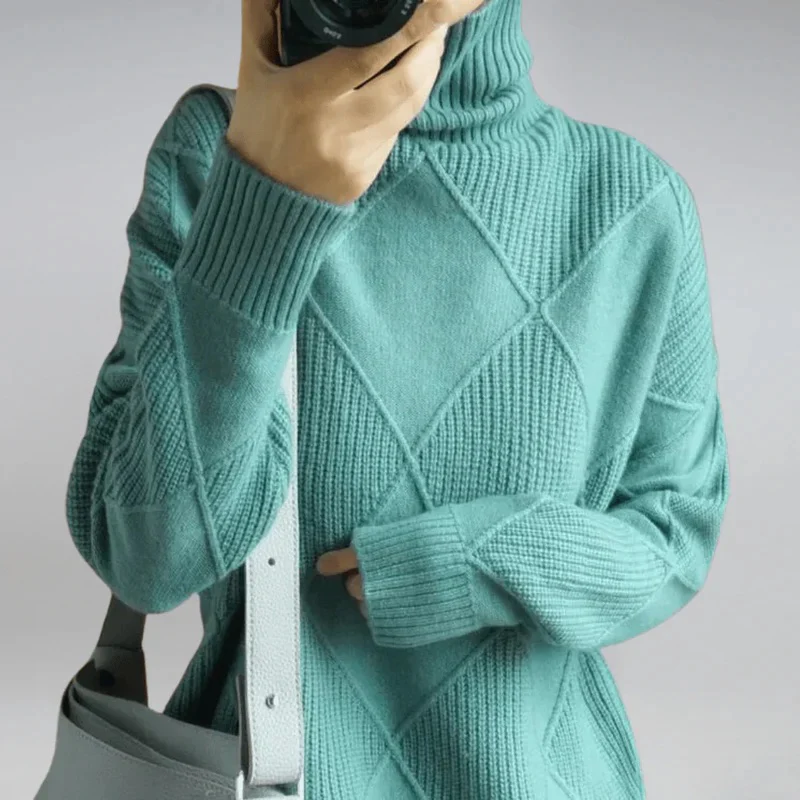 Diamond Cable Mock Neck Knit Sweater for Women - Image 9