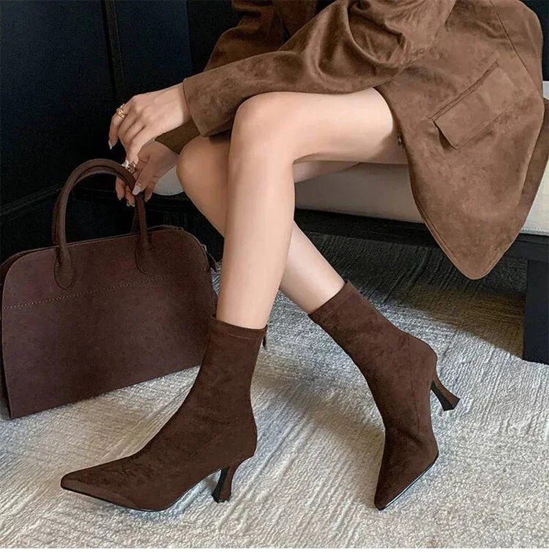 Pointed Sculpted Heel Mid-Height Suede Ankle Boots for Women - Image 4