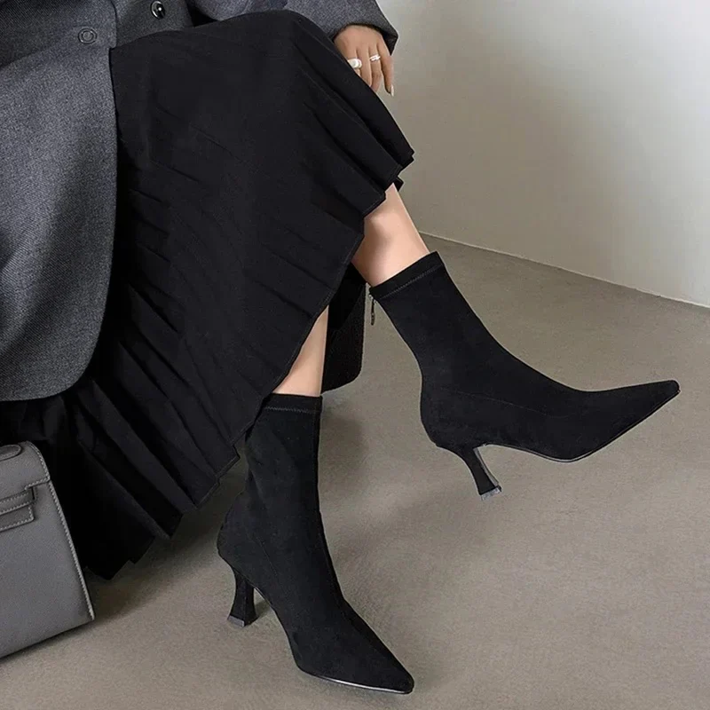 Pointed Sculpted Heel Mid-Height Suede Ankle Boots for Women - Image 6