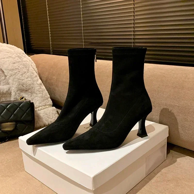 Pointed Sculpted Heel Mid-Height Suede Ankle Boots for Women - Image 7