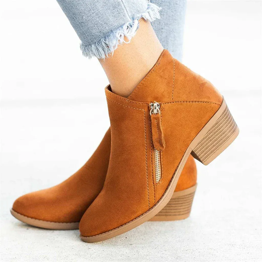 Side Zip Low Heel Suede Ankle Boots for Women - Image 3