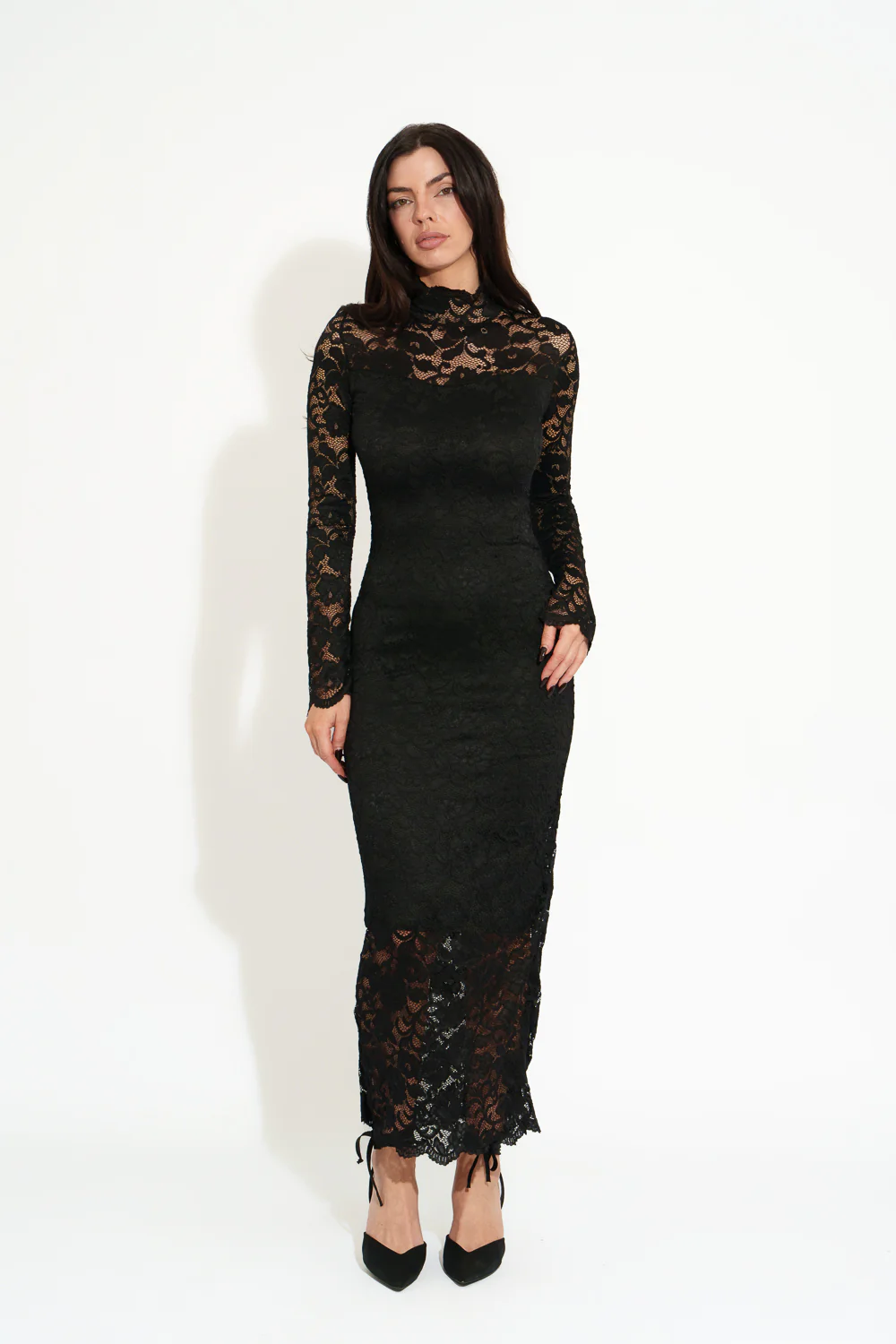 Women’s Black Floral Lace Long Sleeve Maxi Dress - Image 3