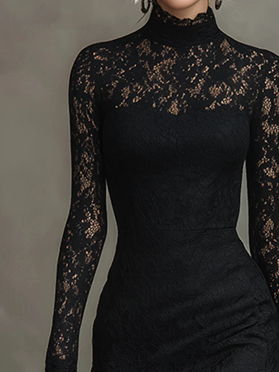 Women’s Black Floral Lace Long Sleeve Maxi Dress - Image 5