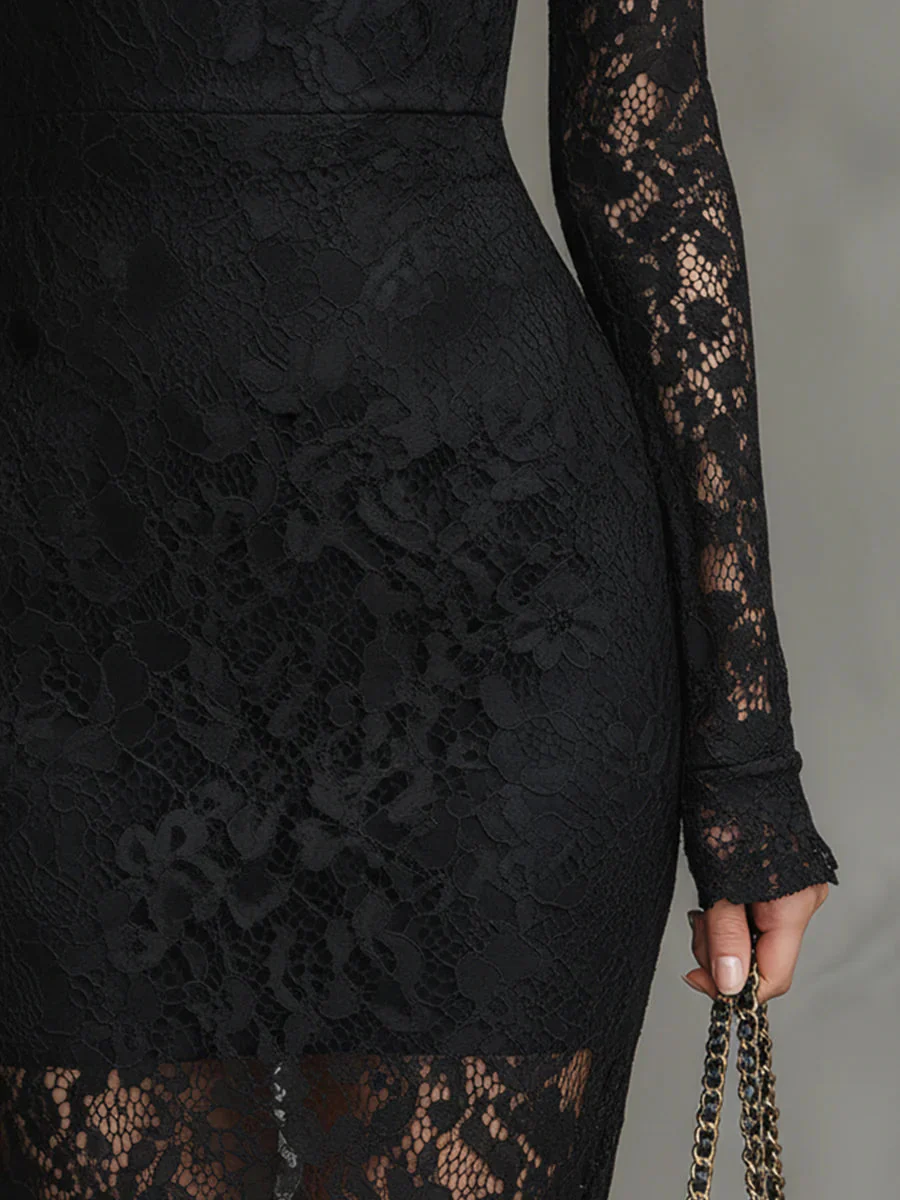Women’s Black Floral Lace Long Sleeve Maxi Dress - Image 6
