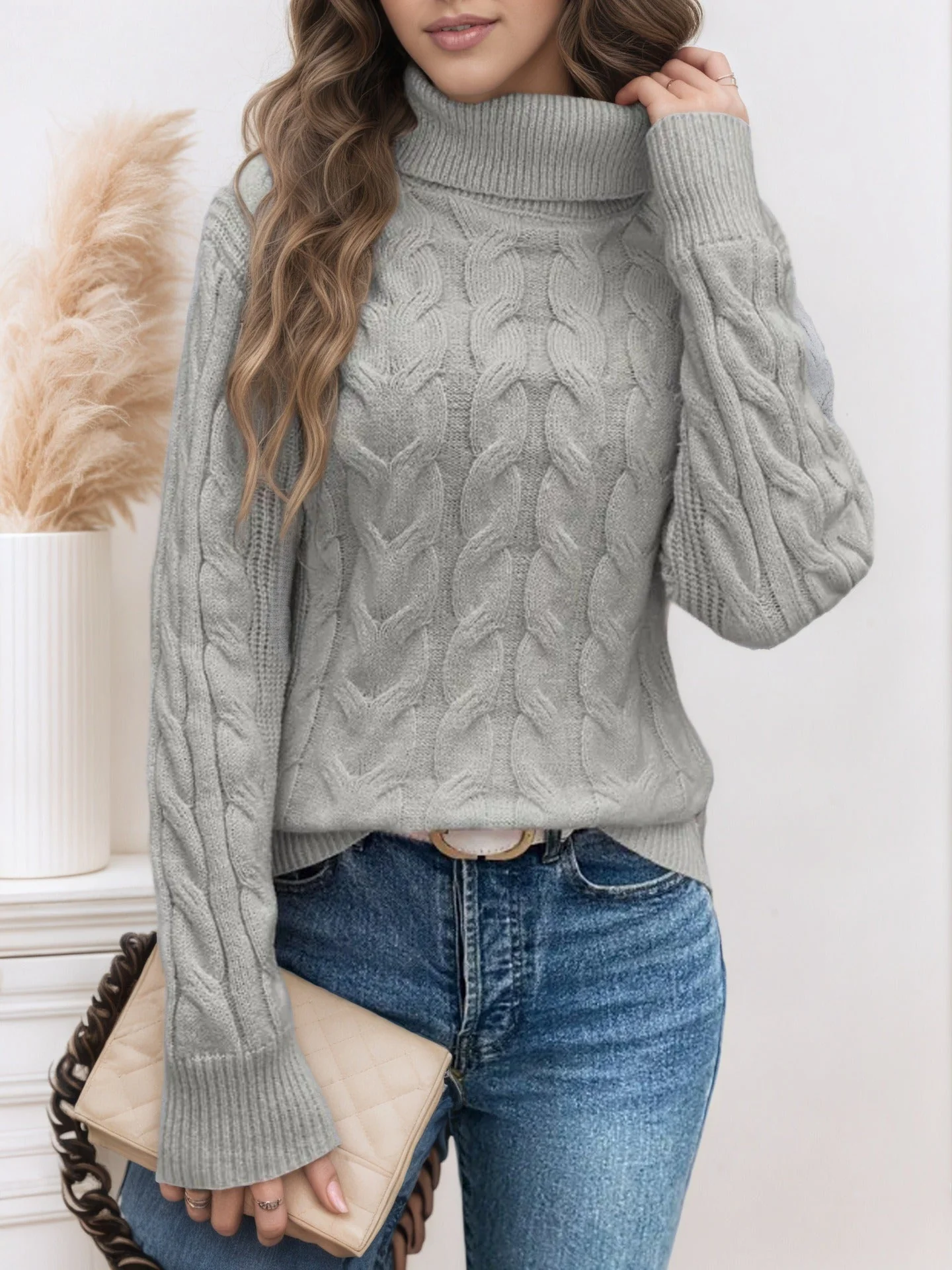 Women’s Cozy Cable Knit Turtleneck Sweater - Image 9