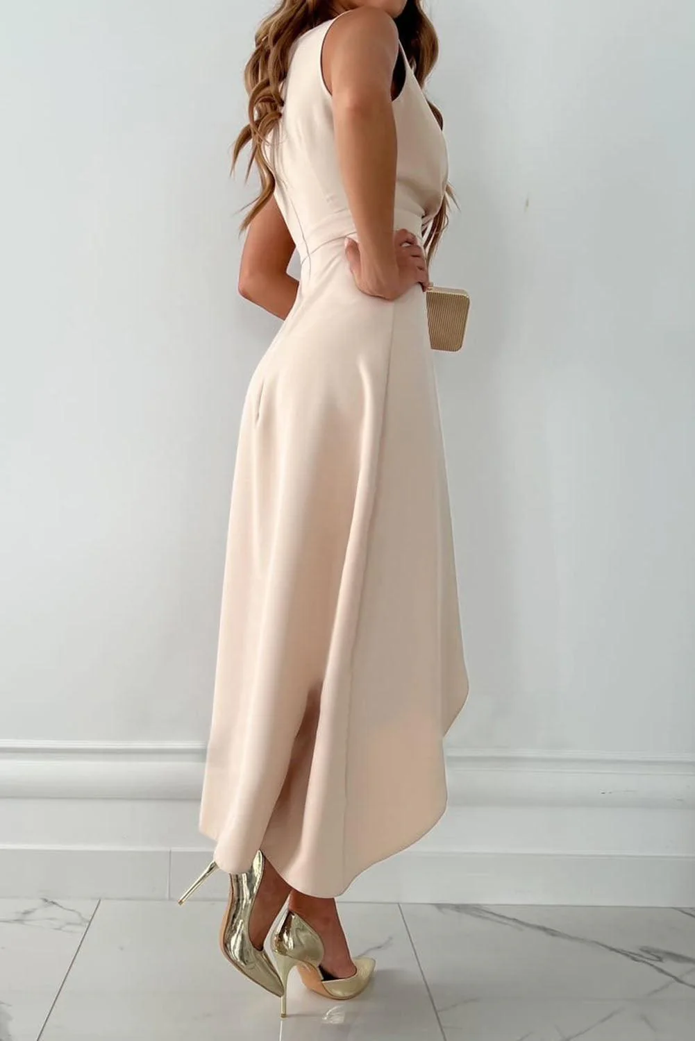 Women’s Elegant Beige V-Neck Wrap Midi Dress - Image 3
