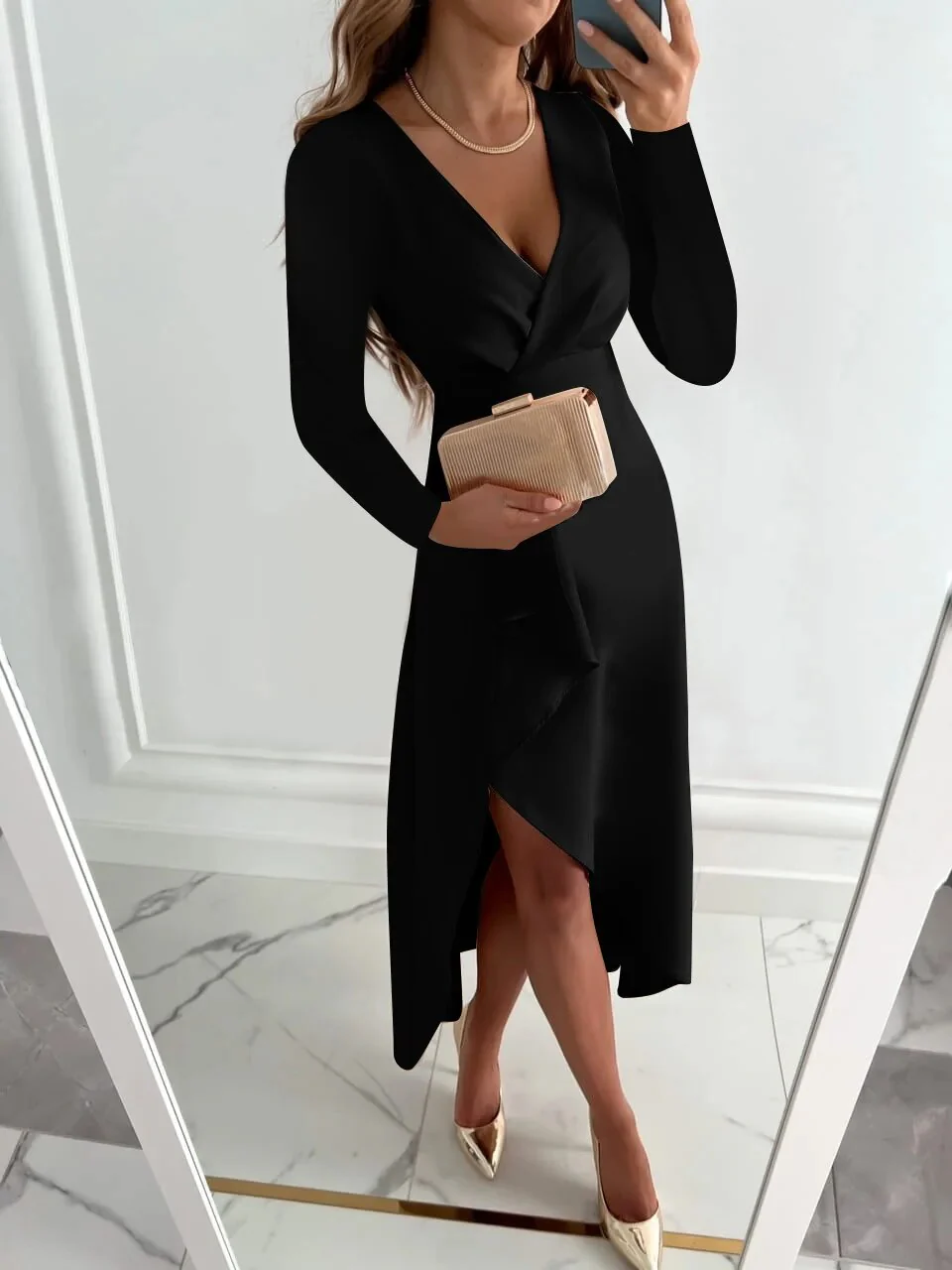 Women’s Elegant Long Sleeve V-Neck Wrap Midi Slit Dress - Image 4