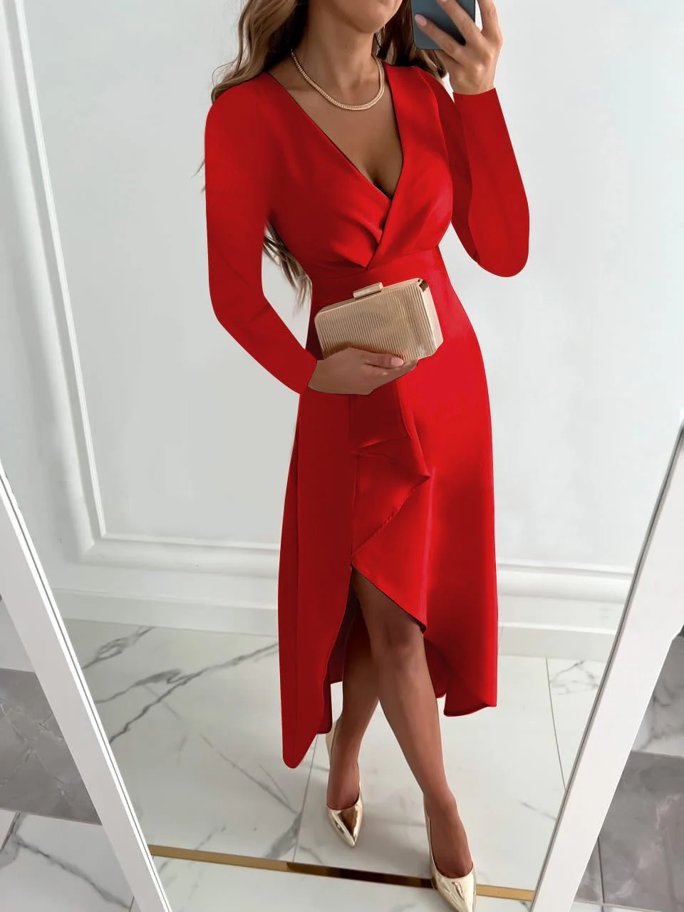 Women’s Elegant Long Sleeve V-Neck Wrap Midi Slit Dress - Image 5