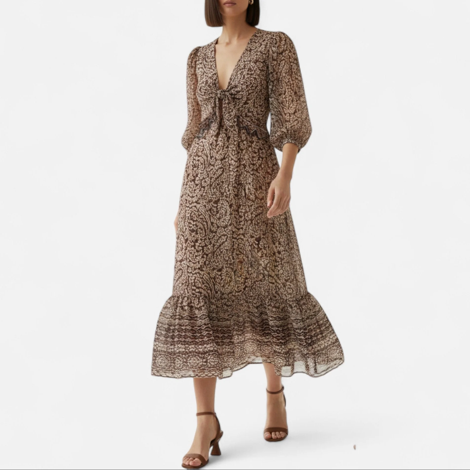 Women’s Elegant Print Brown V-Neck Midi Dress - Image 3