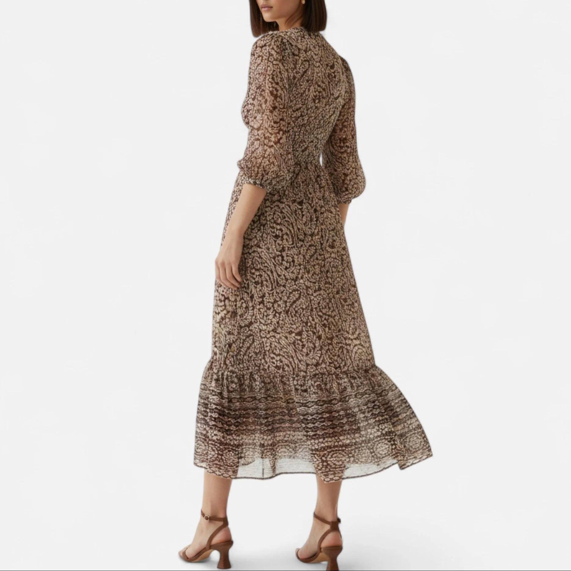 Women’s Elegant Print Brown V-Neck Midi Dress - Image 4