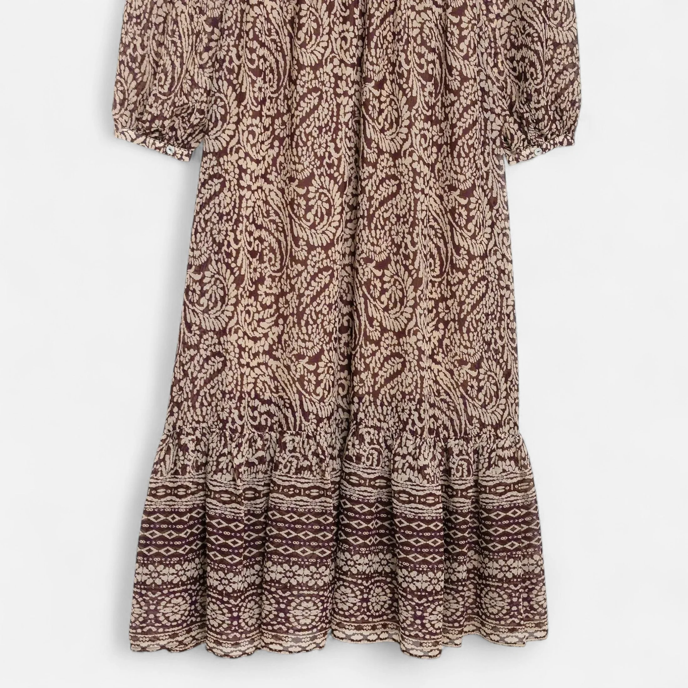 Women’s Elegant Print Brown V-Neck Midi Dress - Image 5