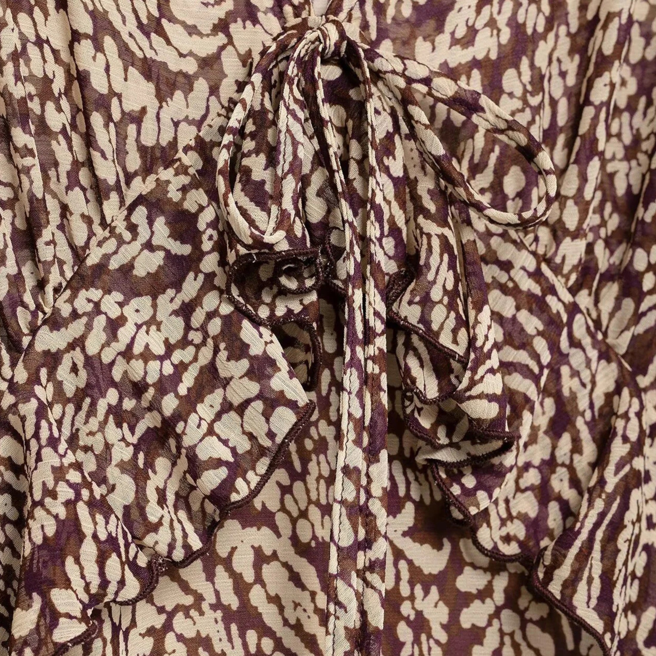 Women’s Elegant Print Brown V-Neck Midi Dress - Image 8