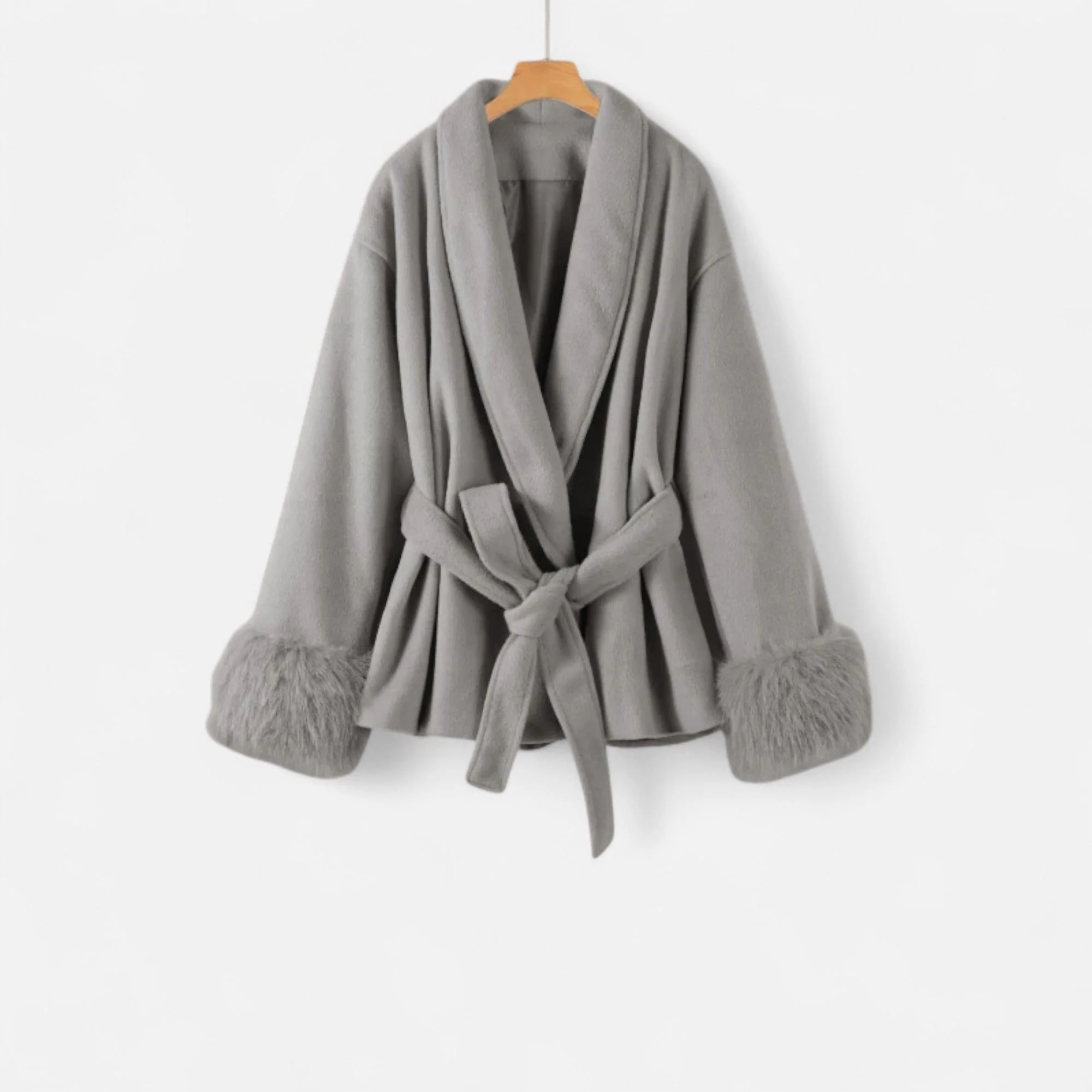 Women’s Fuzzy Belted Faux Fur Cuff Wrap Coat - Image 3