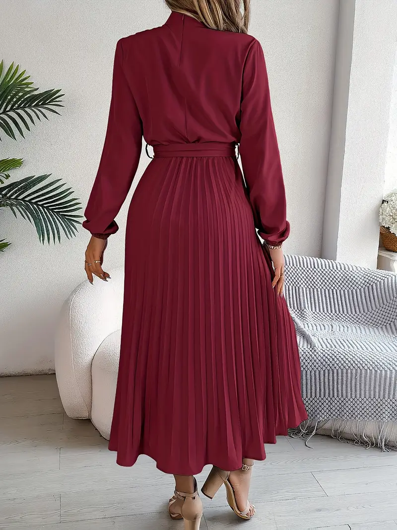 Women’s Long Sleeve Pleated Belted Midi Dress - Image 10