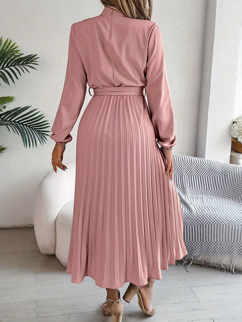 Women’s Long Sleeve Pleated Belted Midi Dress - Image 11