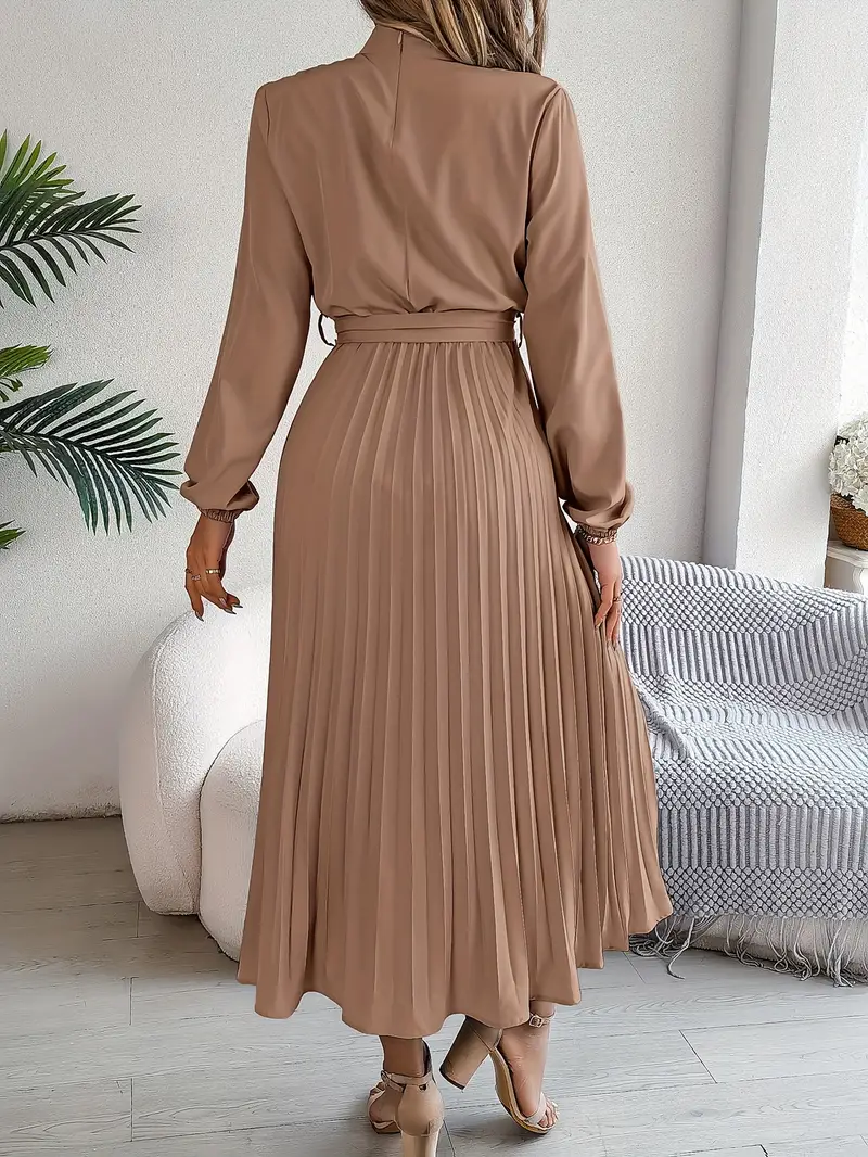 Women’s Long Sleeve Pleated Belted Midi Dress - Image 12