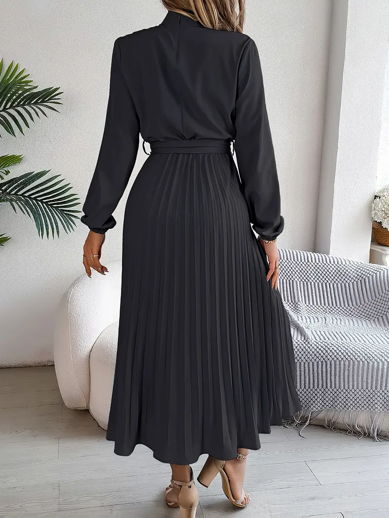 Women’s Long Sleeve Pleated Belted Midi Dress - Image 13