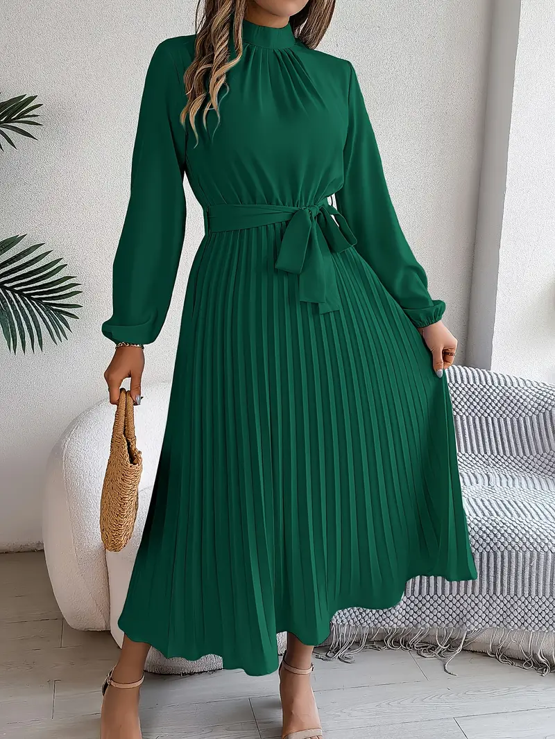 Women’s Long Sleeve Pleated Belted Midi Dress - Image 3