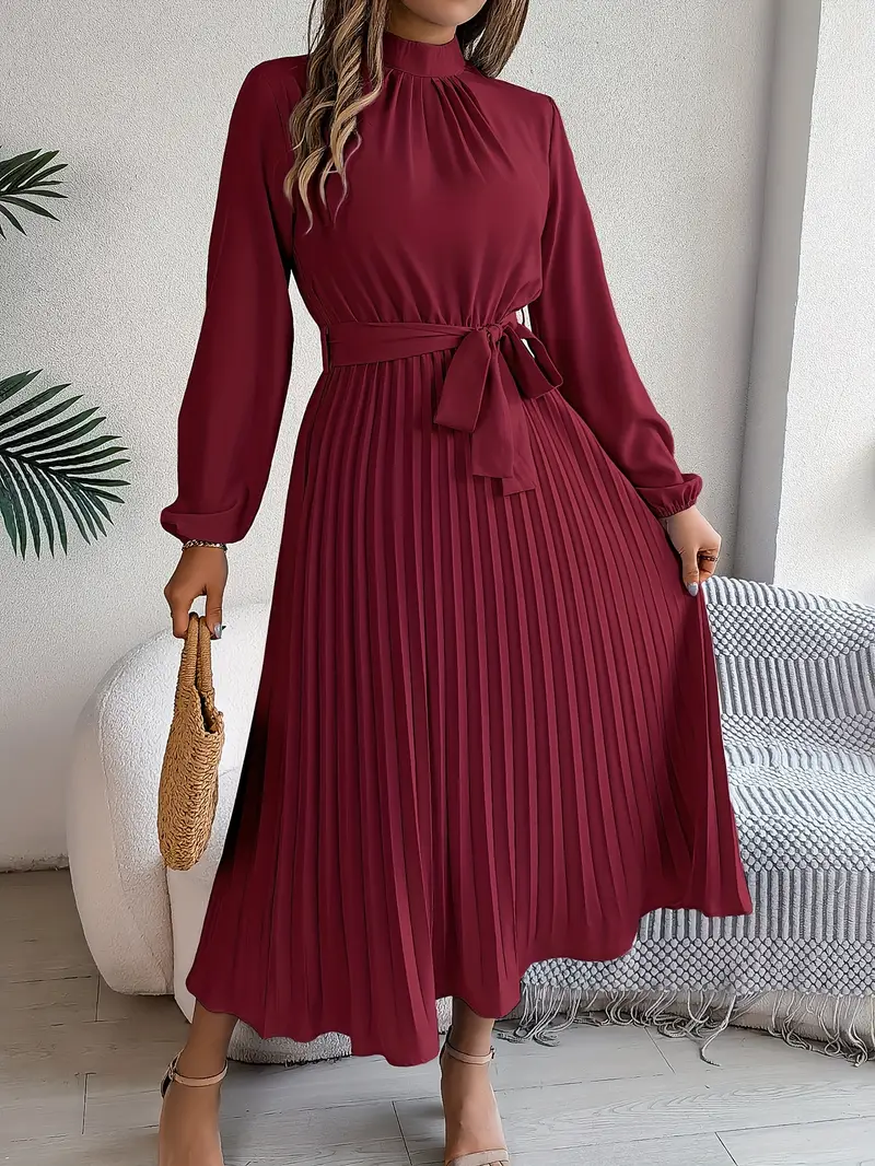 Women’s Long Sleeve Pleated Belted Midi Dress - Image 4