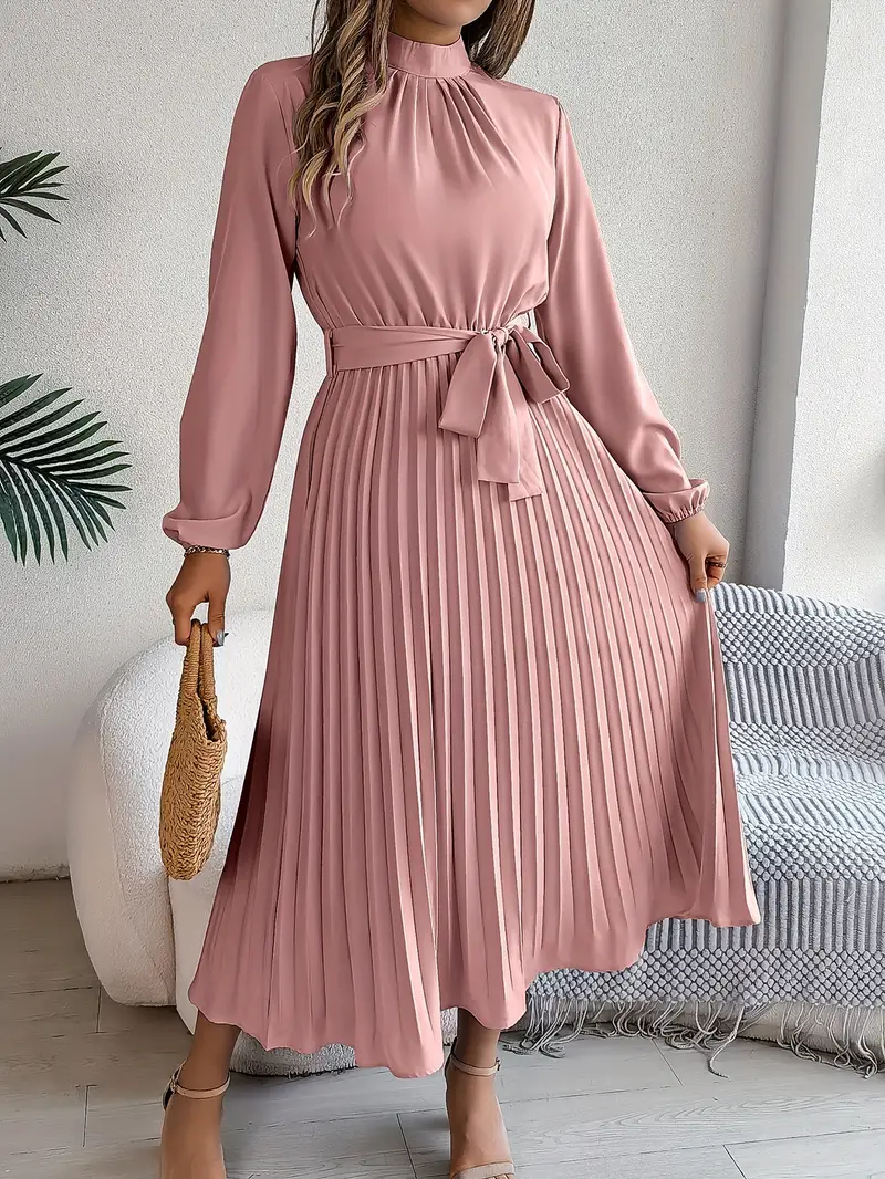 Women’s Long Sleeve Pleated Belted Midi Dress - Image 5