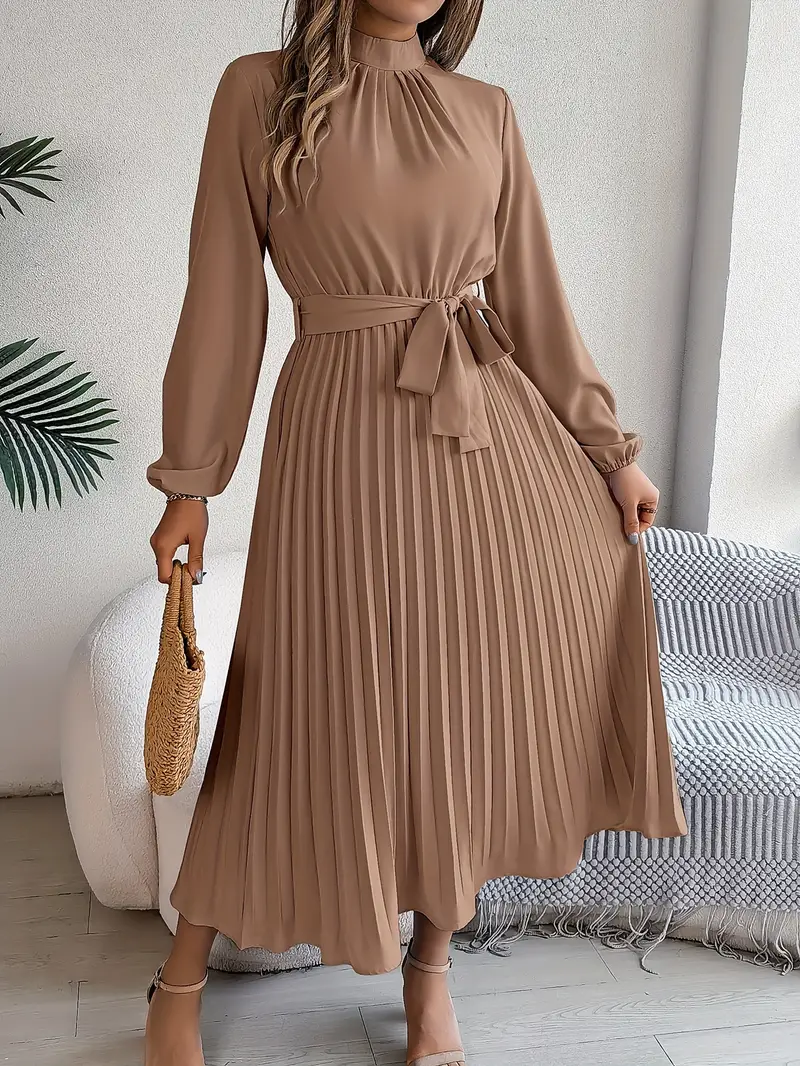 Women’s Long Sleeve Pleated Belted Midi Dress - Image 6