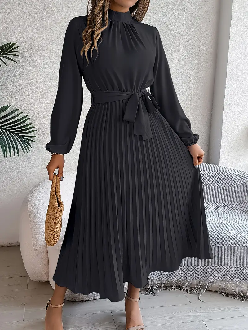 Women’s Long Sleeve Pleated Belted Midi Dress - Image 7
