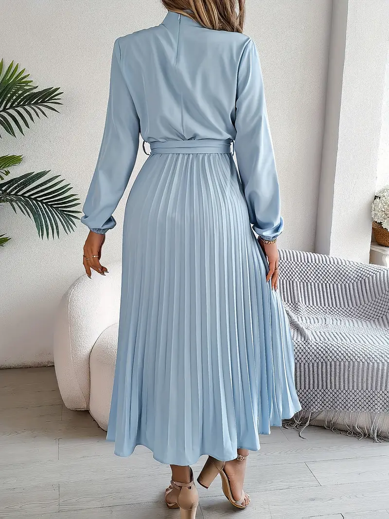 Women’s Long Sleeve Pleated Belted Midi Dress - Image 8