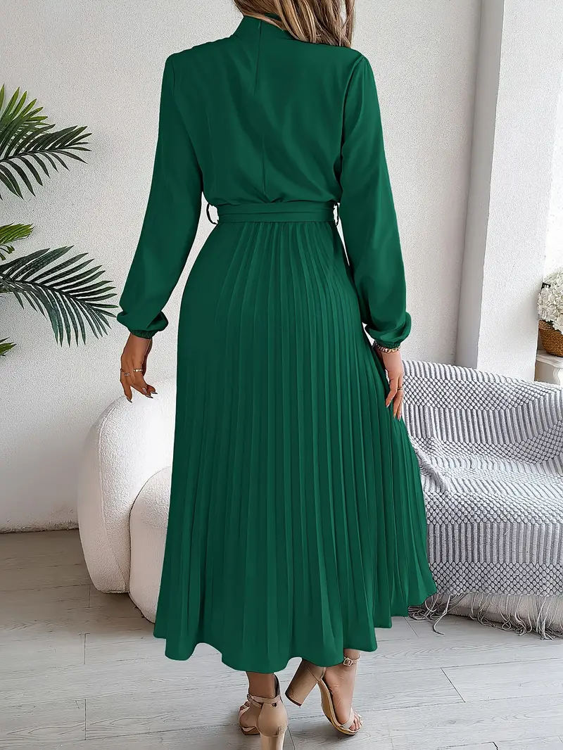 Women’s Long Sleeve Pleated Belted Midi Dress - Image 9