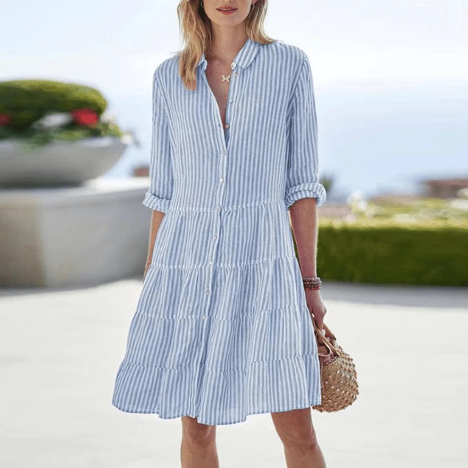 Women’s Striped Button Front Collared Mini Dress - Image 5