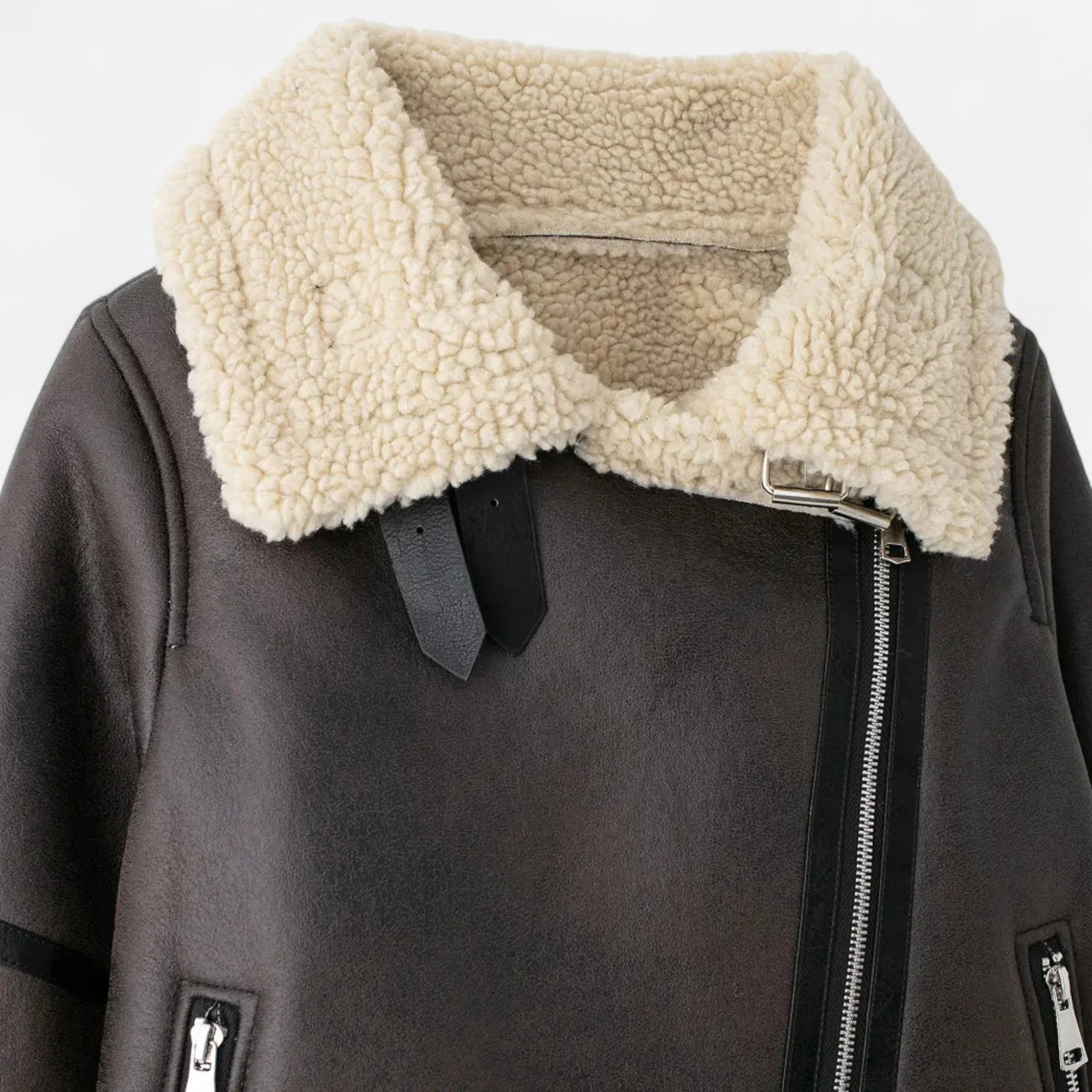 Women’s Suede Belted Wide Lapel Aviator Jacket - Image 3