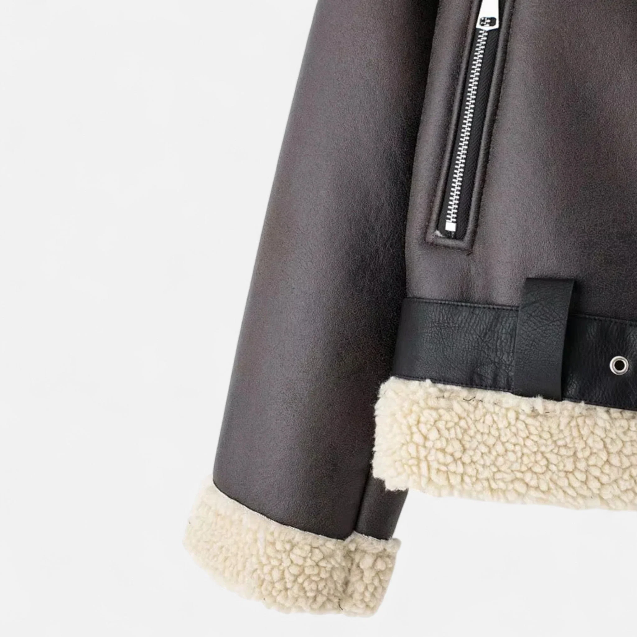 Women’s Suede Belted Wide Lapel Aviator Jacket - Image 4