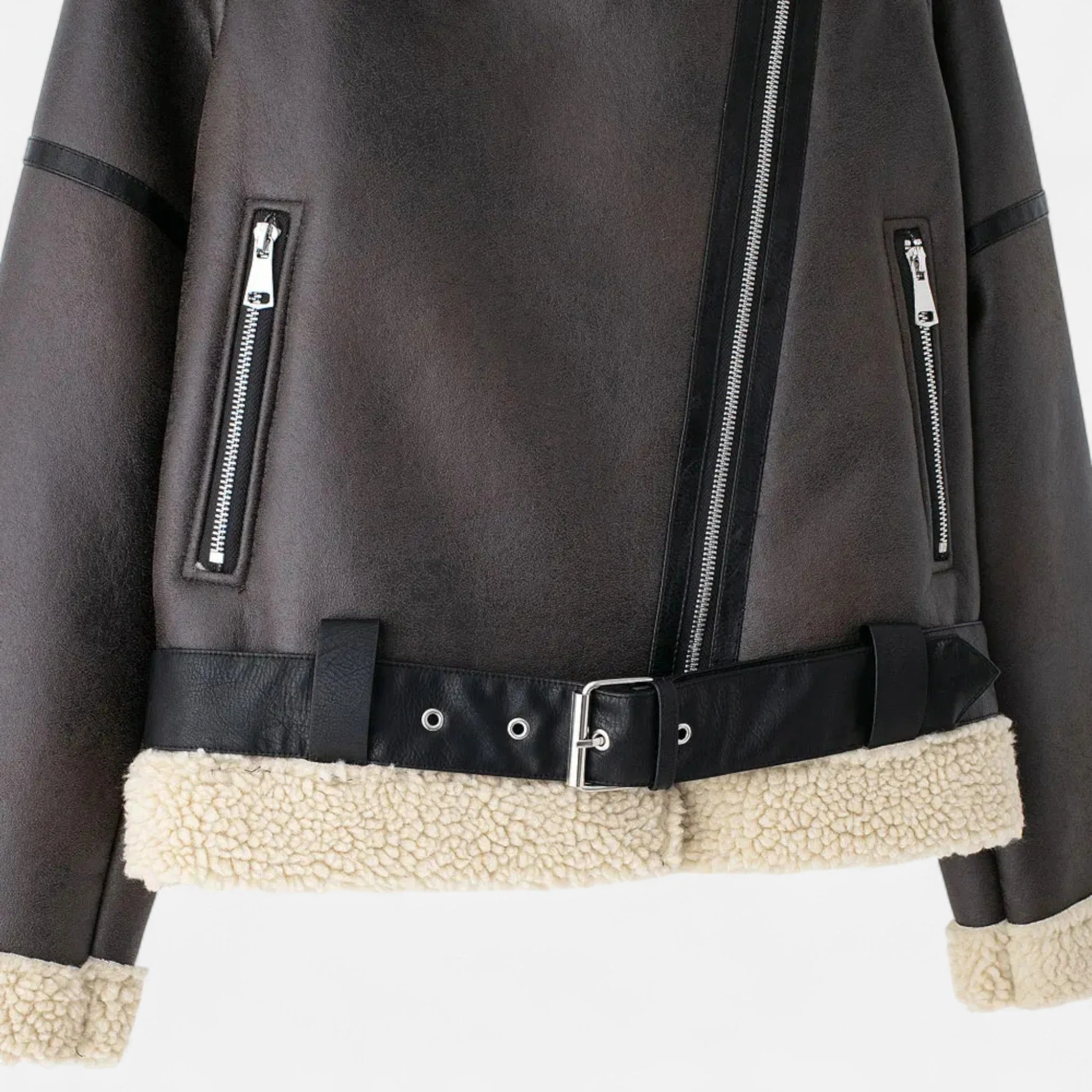 Women’s Suede Belted Wide Lapel Aviator Jacket - Image 6