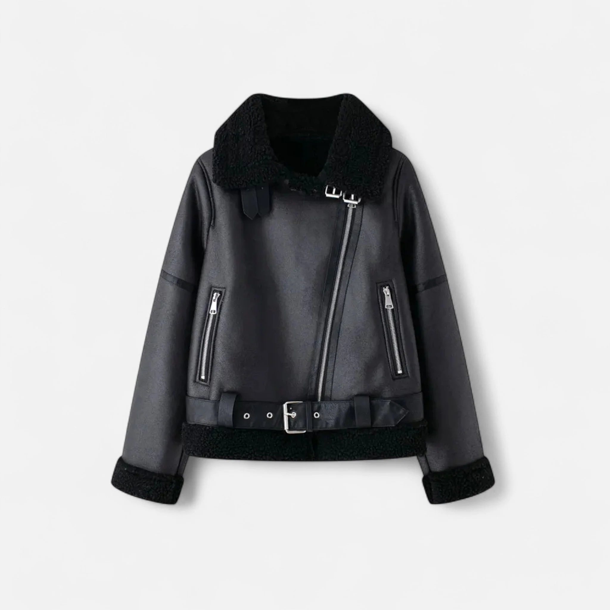 Women’s Suede Belted Wide Lapel Aviator Jacket - Image 7