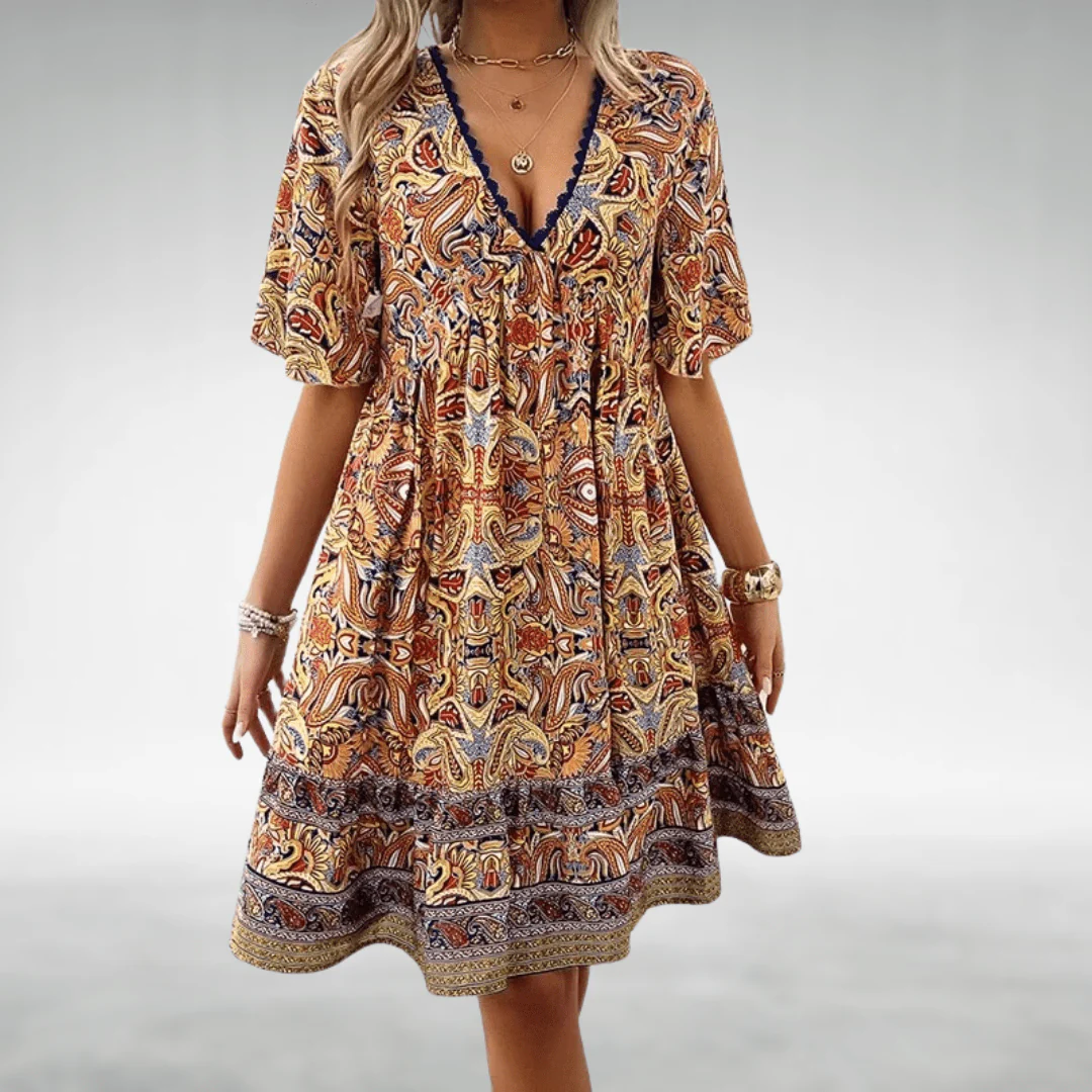 Women's Boho Paisley Print V-Neck Mini Dress - Image 5