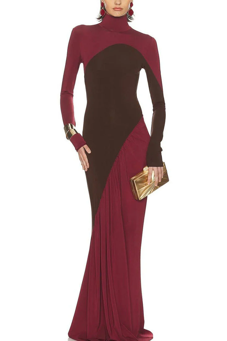 Women’s Chic Colorblock Turtle Neck Maxi Dress - Image 3