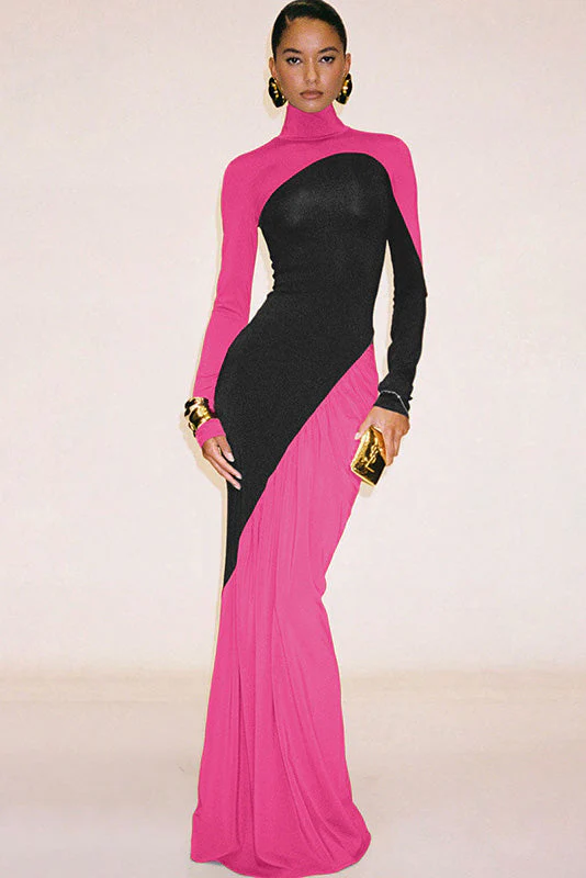 Women’s Chic Colorblock Turtle Neck Maxi Dress - Image 4