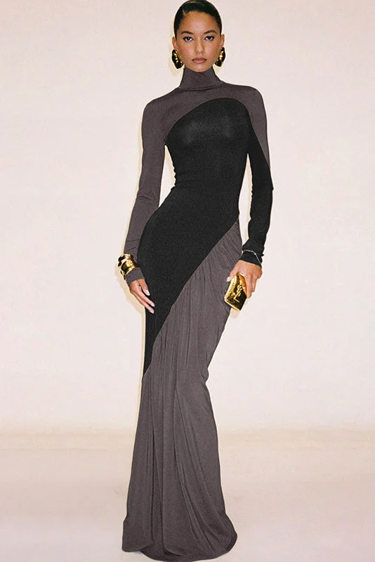 Women’s Chic Colorblock Turtle Neck Maxi Dress - Image 5