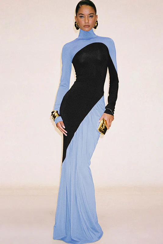 Women’s Chic Colorblock Turtle Neck Maxi Dress - Image 6