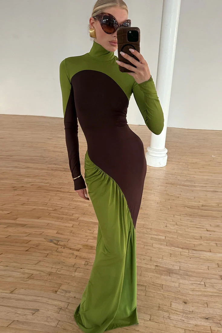 Women’s Chic Colorblock Turtle Neck Maxi Dress - Image 7