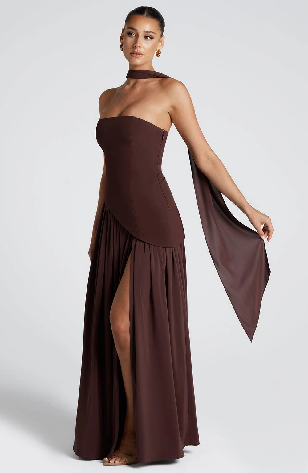 Women’s Chic Scarf Neck Strapless Thigh High Side Slit Dress - Image 3
