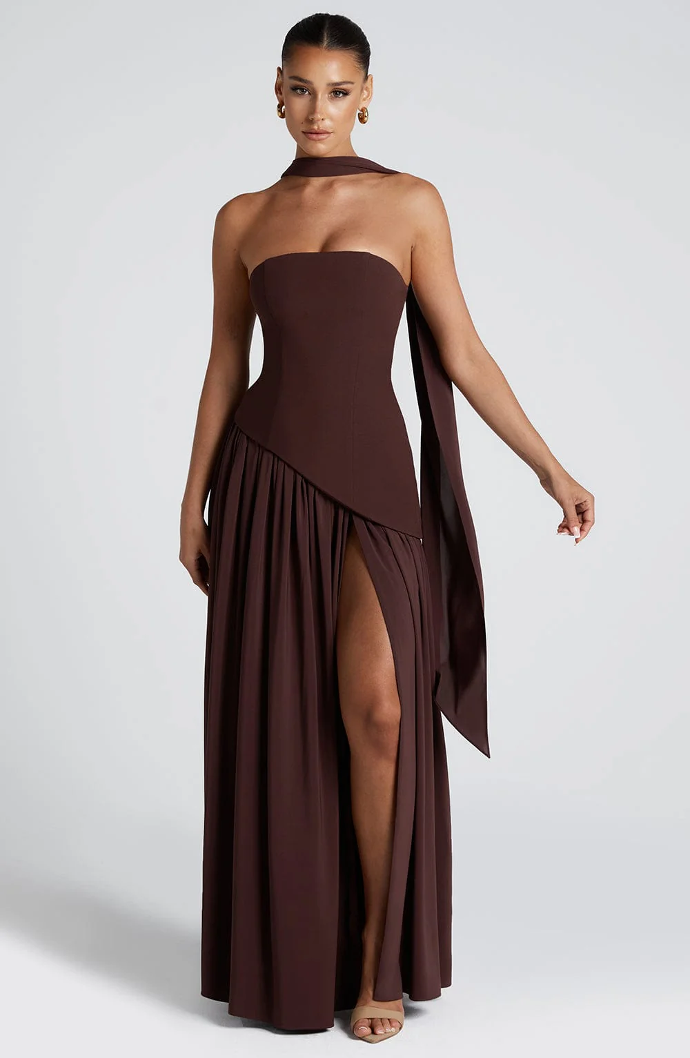 Women’s Chic Scarf Neck Strapless Thigh High Side Slit Dress - Image 8