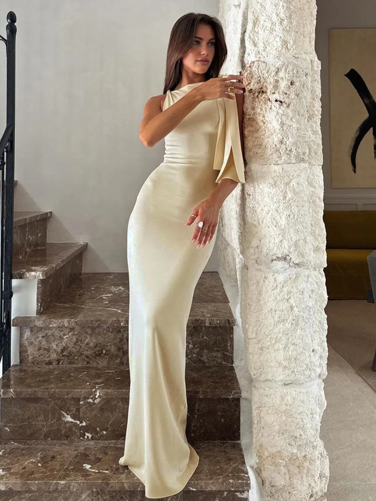 Women’s Elegant Beige Sleeveless Maxi Dress - Image 3