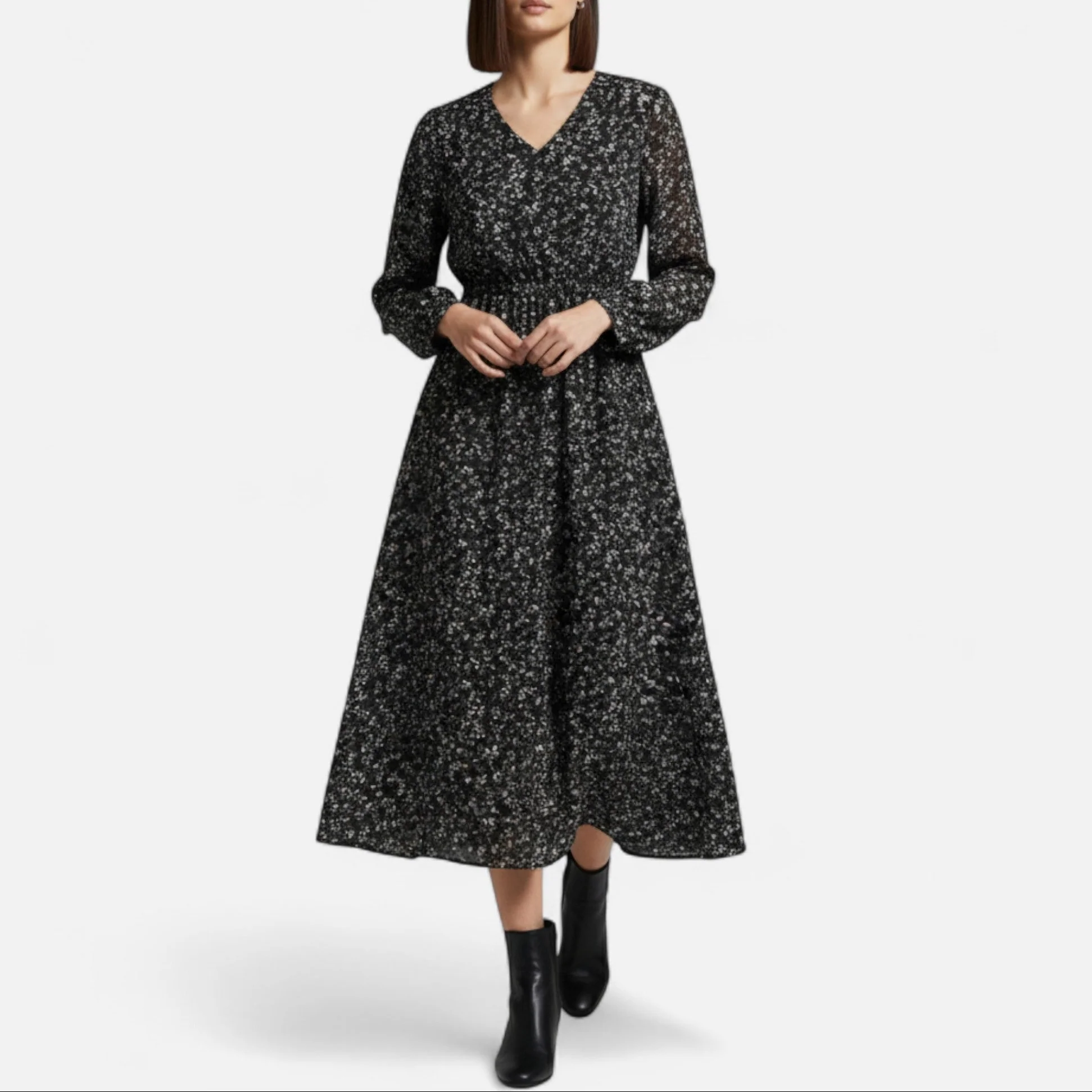 Women’s Elegant Black Long Sleeve Floral Midi Dress - Image 3