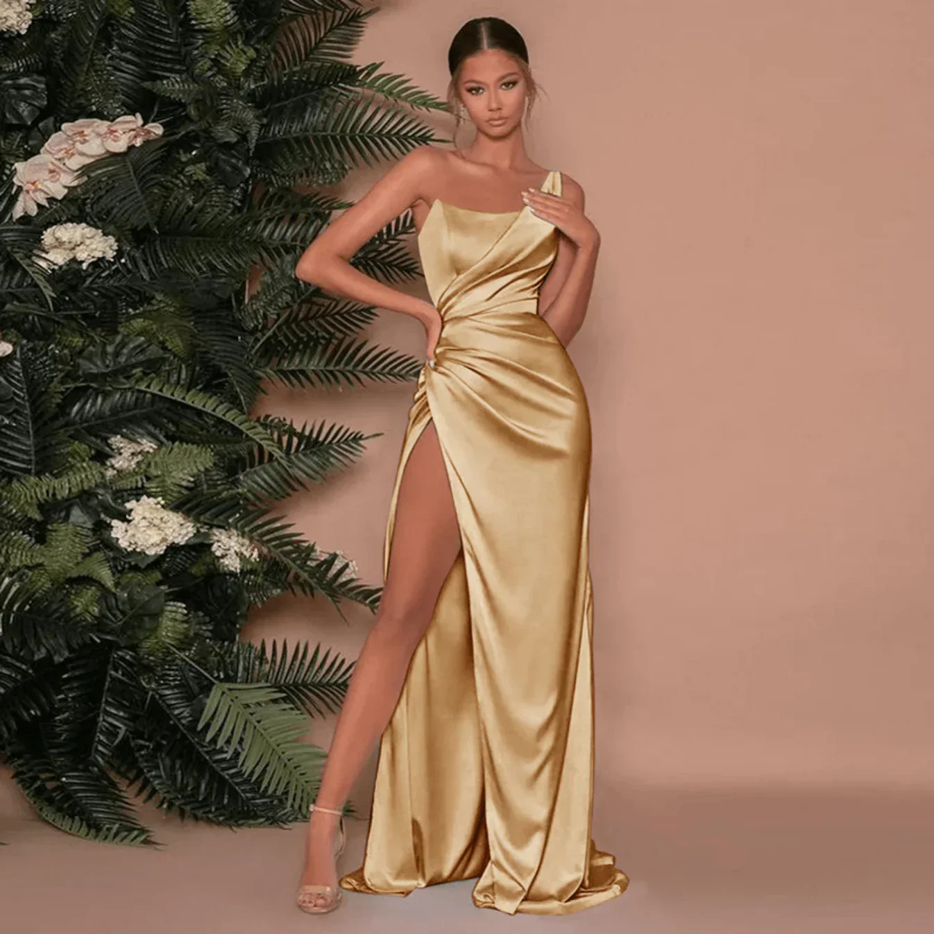 Women’s Elegant One-Shoulder Satin Maxi Dress - Image 3