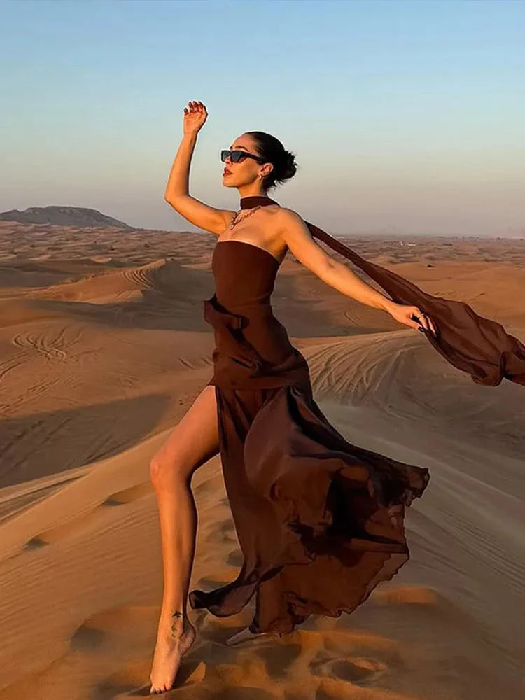 Women’s Elegant Scarf Neck Strapless High-Slit Dress - Image 3